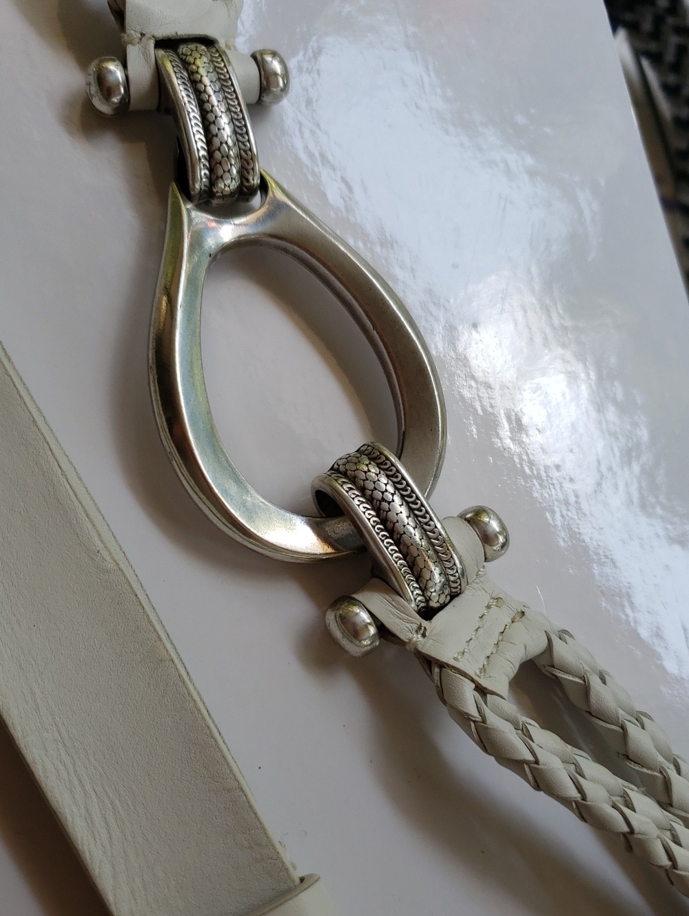 White Braided Leather Belt with Silver Hardware 38